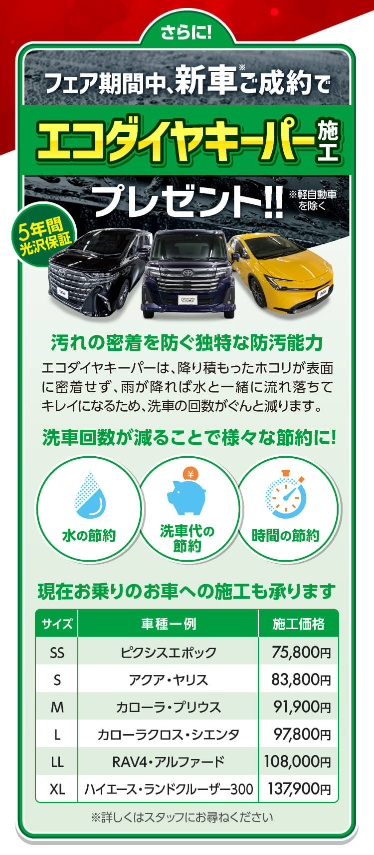フェア期間中新車ご成約でエコダイヤキーパー施工プレゼント